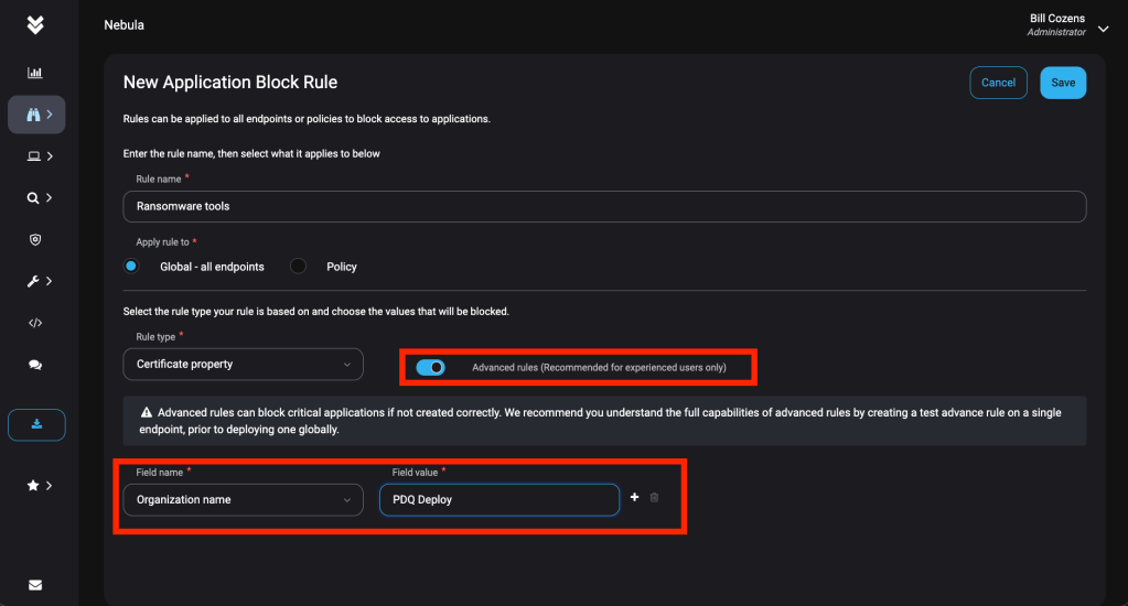 For applications not listed in Application Block, like PDQ Deploy, you can add your own rule by hash, certificate property, and so on. More here.